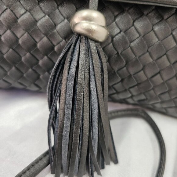 80s Aspects NY Tassel Woven Leather Crossbody/Clutch Bag Slim Strap Gray Silver - Picture 2 of 12